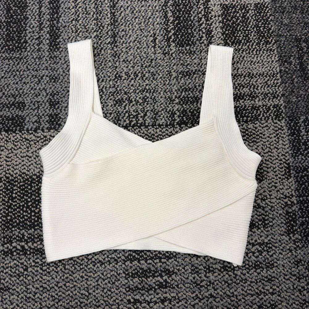 NAF NAF Paris Women’s White Ribbed Knit Wrap Crop Top Size Small